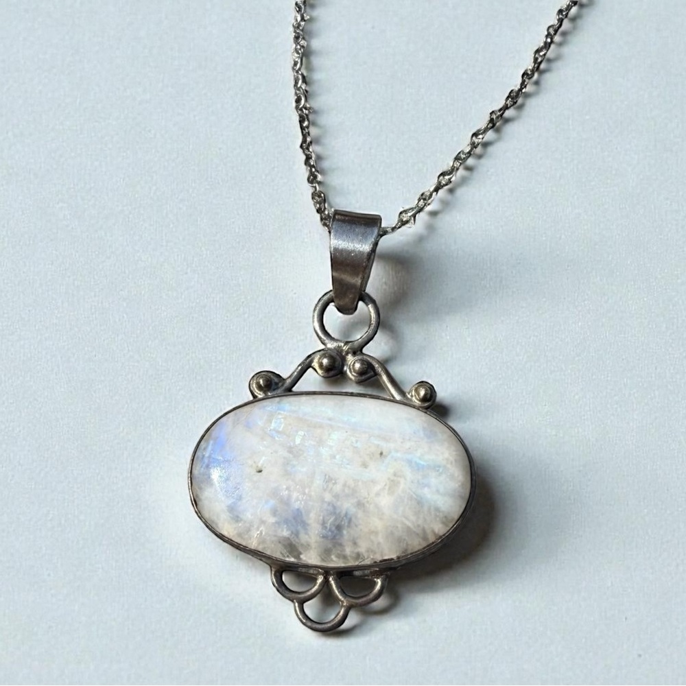Vintage Rainbow Moonstone Sterling Silver Pendant Necklace – 22” Chain, Artisan